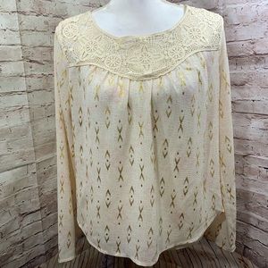 Xhilaration Top SZ Med LS gold & pink designs lace